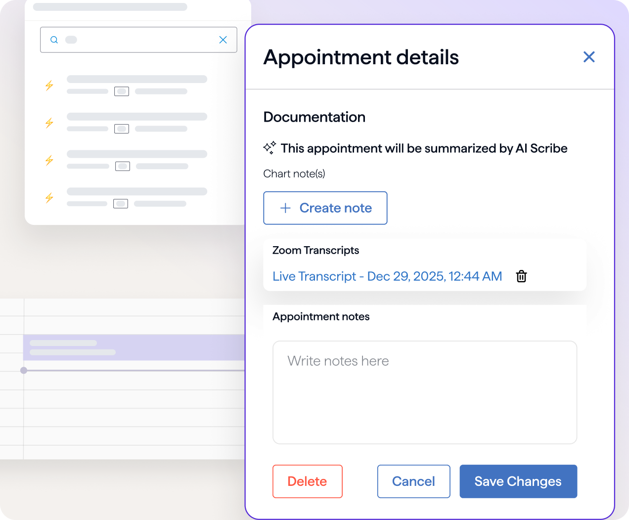 Healthie appointment details panel noting the session will be summarized by AI Scribe, with a link to the Zoom live transcript