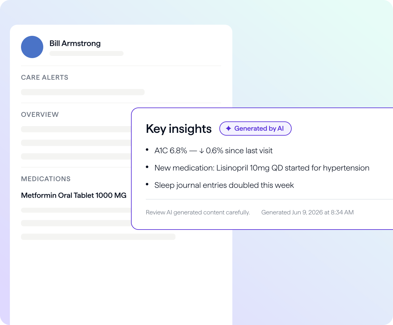 Preview of AI Chart Summaries in a Healthie client profile, with a Key insights panel marked Generated by AI