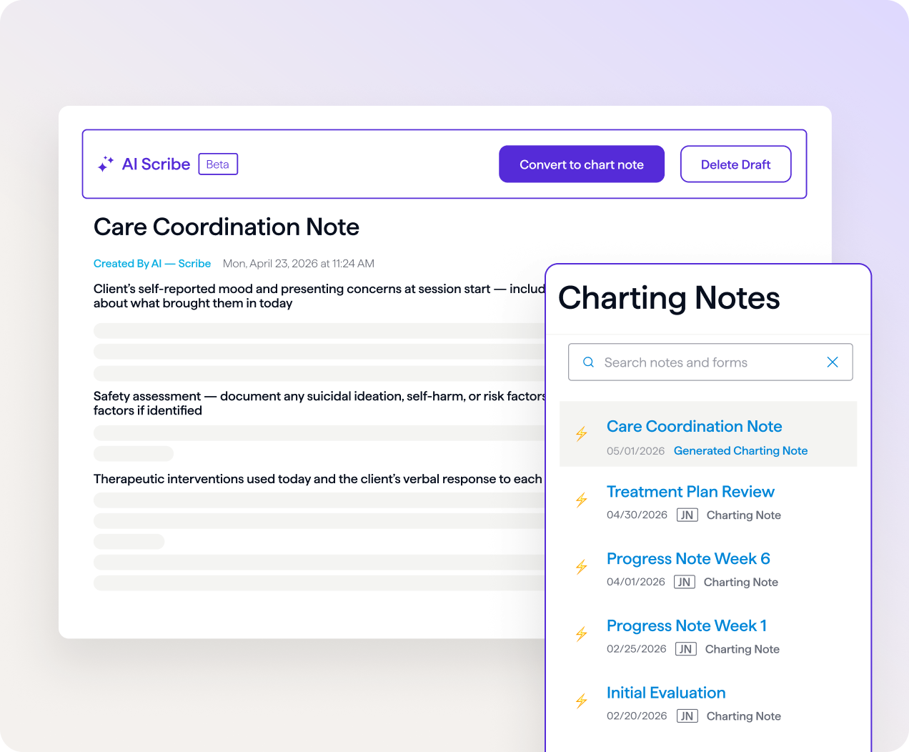 Healthie AI Scribe draft chart note with Convert to chart note and Delete Draft buttons, beside a list of recent generated charting notes