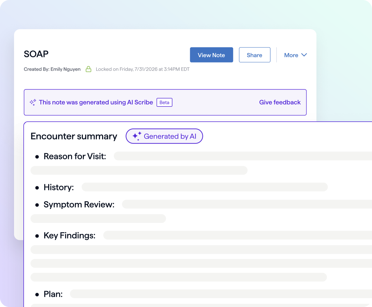 Healthie SOAP note with an AI-generated encounter summary listing reason for visit, history, symptom review, key findings and plan