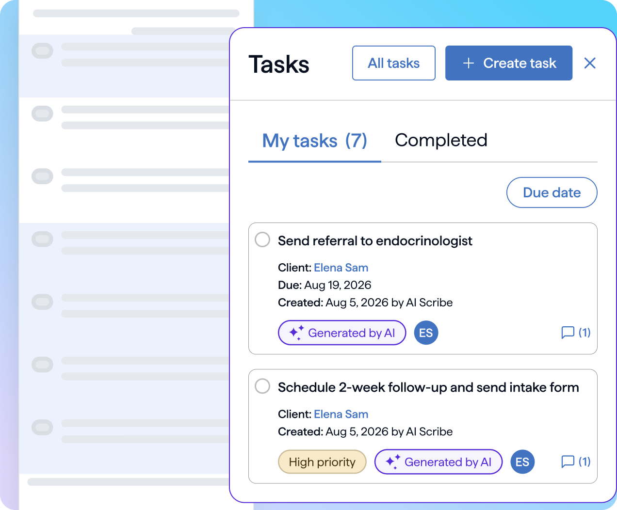 Healthie task list of follow-up tasks created by AI Scribe, each showing the client, due date and a Generated by AI label