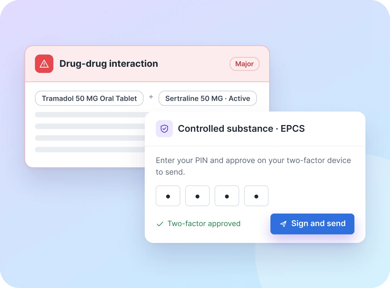 Drug interaction alert and two-factor sign-off for a controlled substance prescription