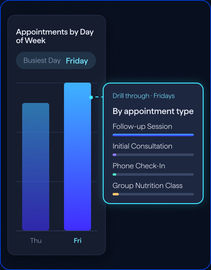 Appointments by day of week, with Friday the busiest day and a drill-through by appointment type.