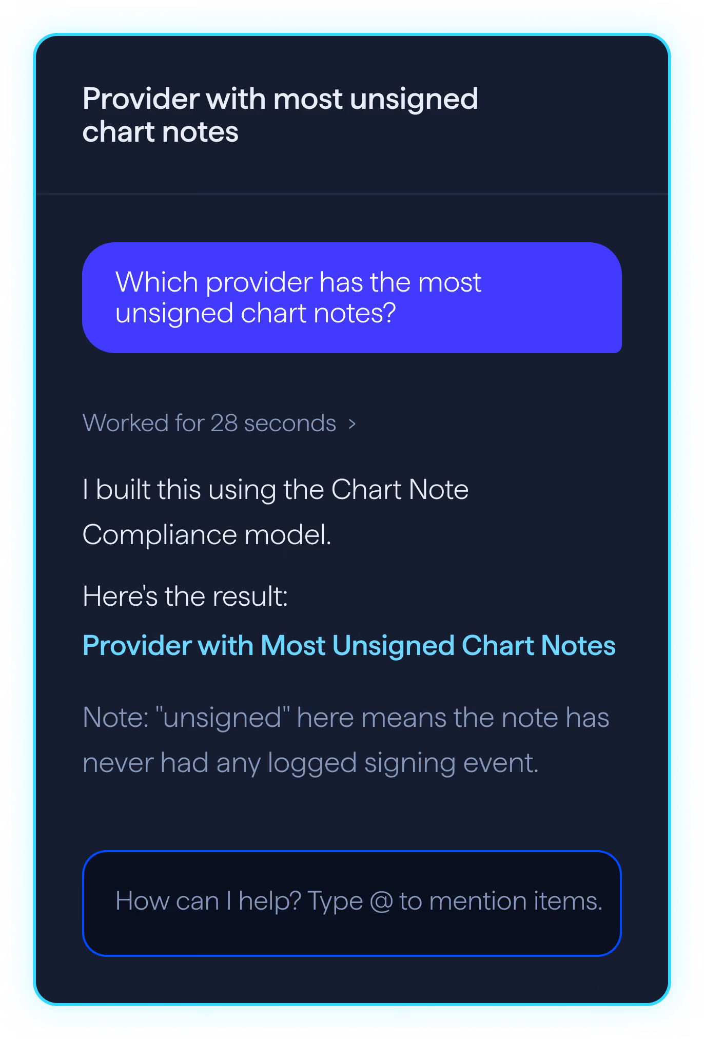 Vizzy answering which provider has the most unsigned chart notes.