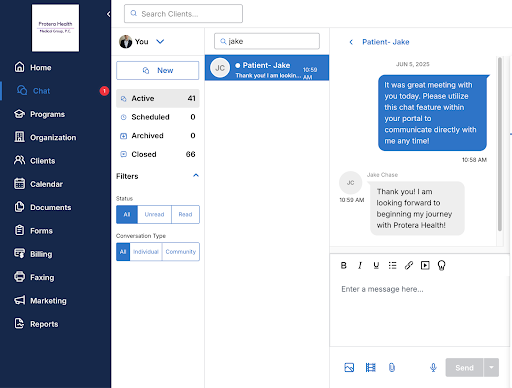 The chat function has been integrated into Protera Health's portal for easy communication from both the patient and the clinician perspectives.
