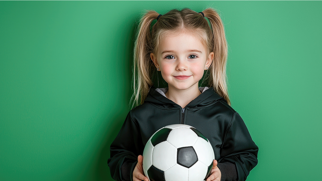 Mädchen vor grünem Hintergrund mit Fußball