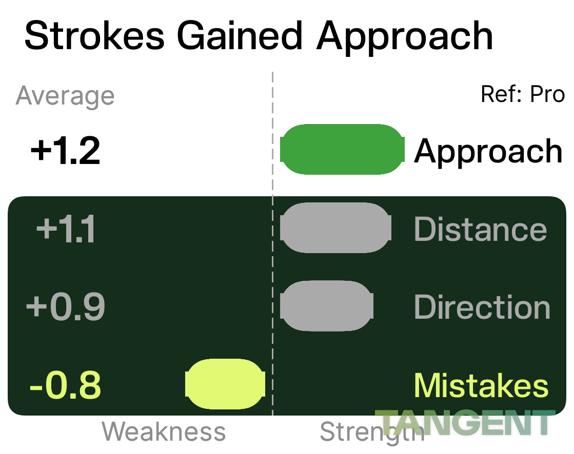 Strokes Gained approach drill down for Cameron Young where he gained 1.2 strokes on average for the 4 rounds of the players with the biggest room for improvement being eliminating mistakes like penalties, bunkers, and recovery shots.