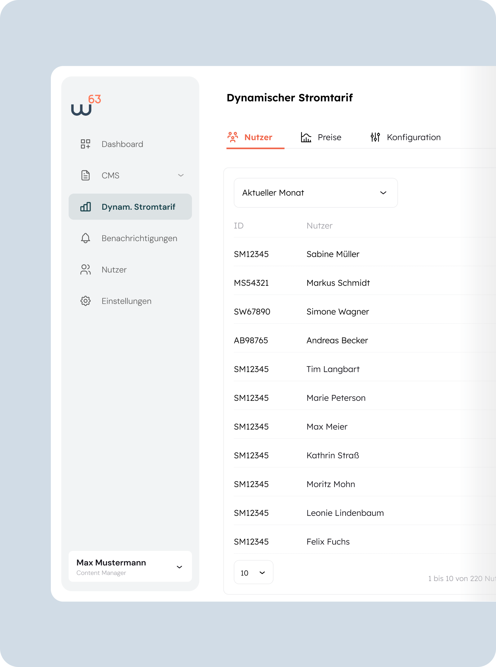 Admin Dashboard für dynamischen Stromtarif
