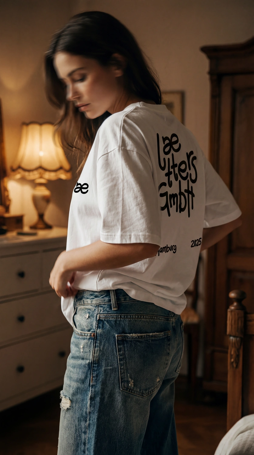 Frau trägt weißes T-Shirt mit schwarzem Schriftzug 'laetters GmbH Hamburg 2025' und blaue Jeans, stehend in einem warm beleuchteten Raum.