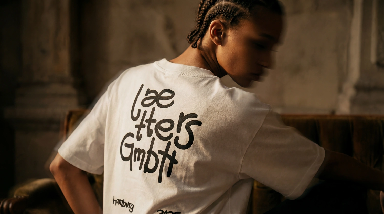 Junge mit Zöpfen trägt weißes T-Shirt mit aufgedrucktem Schriftzug "laetters GmbH Hamburg" auf dem Rücken.