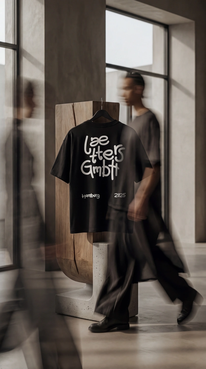 Schwarzes T-Shirt mit weißem Schriftzug 'laetters GmbH, Hamburg 2025' hängt auf Holzskulptur in modernem Raum, unscharfe Personen im Vorbeigehen.