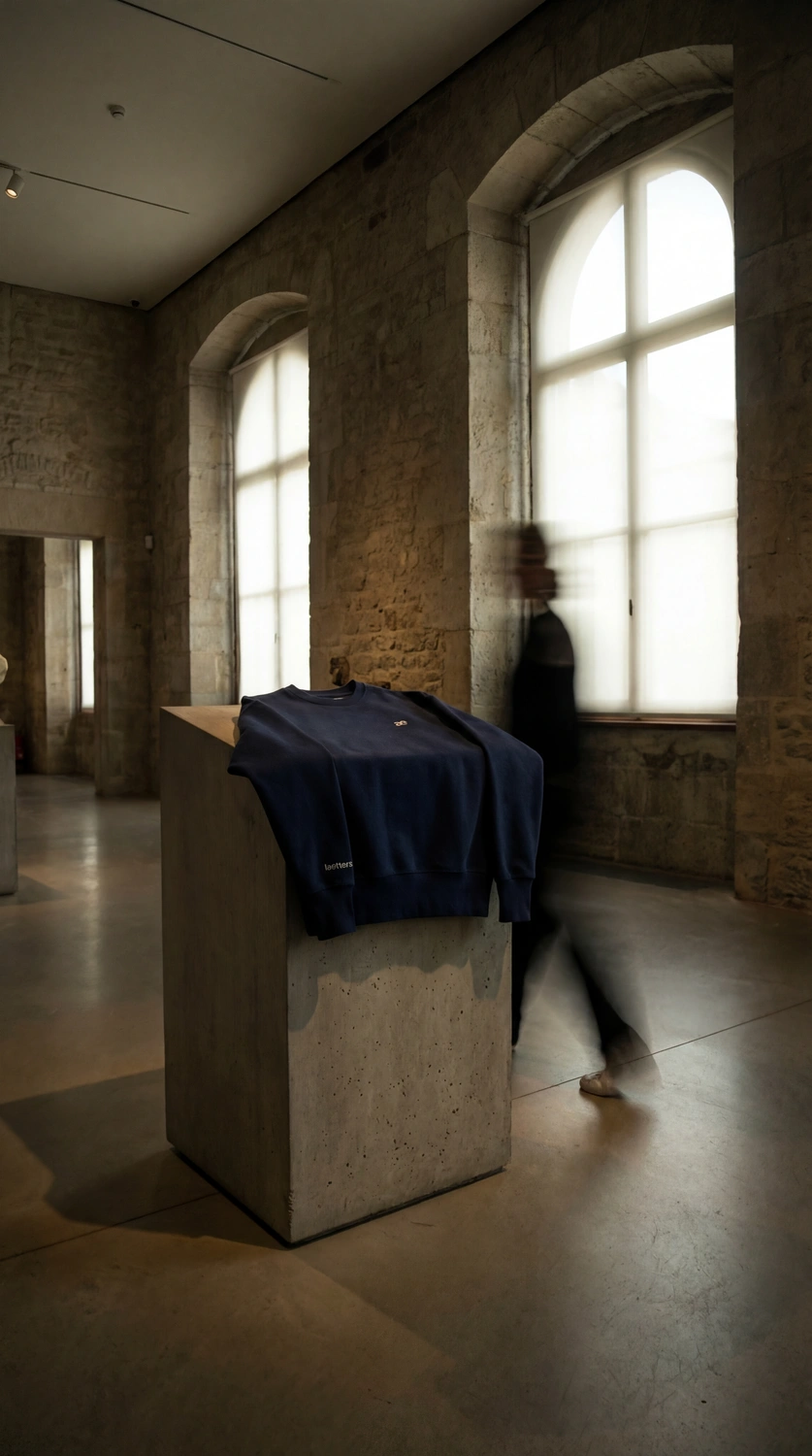 Dunkelblaues Sweatshirt liegt auf einem Betonpodest in einem Raum mit großen Fensterbögen und Steinwänden, unscharfe Person geht vorbei.