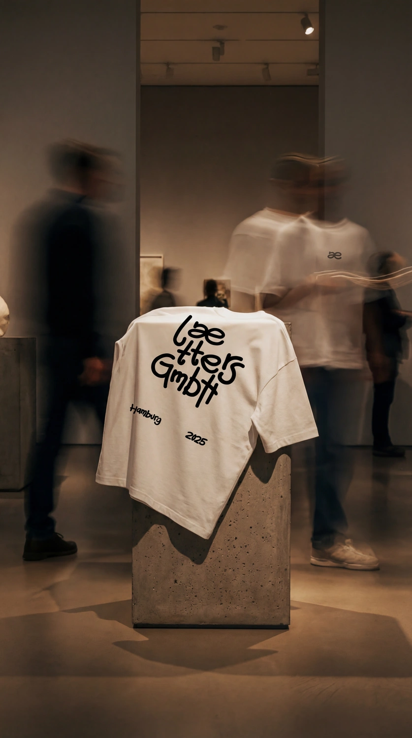 Weißes T-Shirt mit der schwarzen Aufschrift 'Laetters GmbH Hamburg 2025' hängt auf einem Betonblock in einer Galerie mit verschwommenen Personen im Hintergrund.