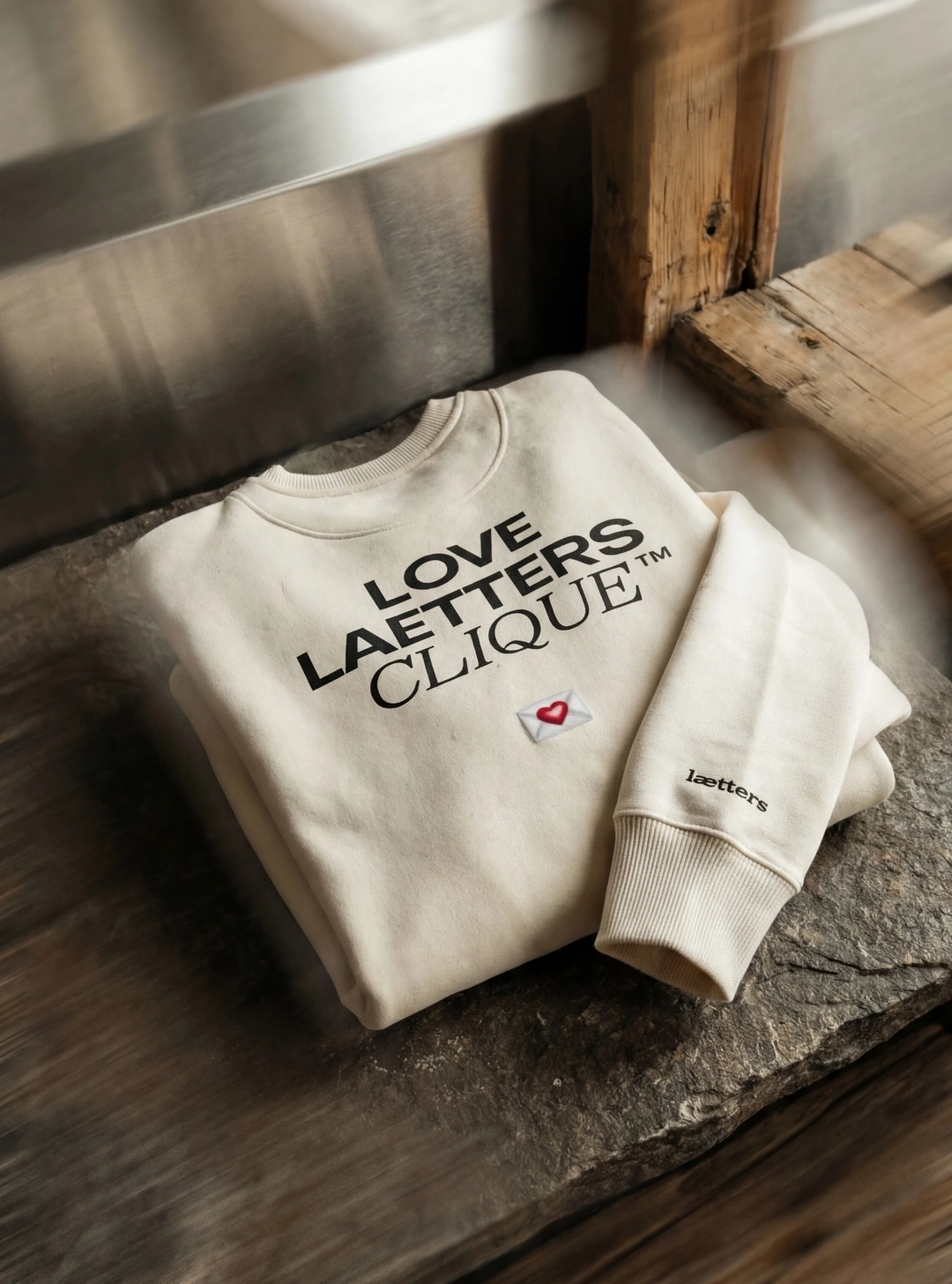 Gefalteter weißer Pullover mit der Aufschrift ‚LOVE LAETTERS CLIQUE‘ und einem kleinen Brief mit rotem Herz darauf.