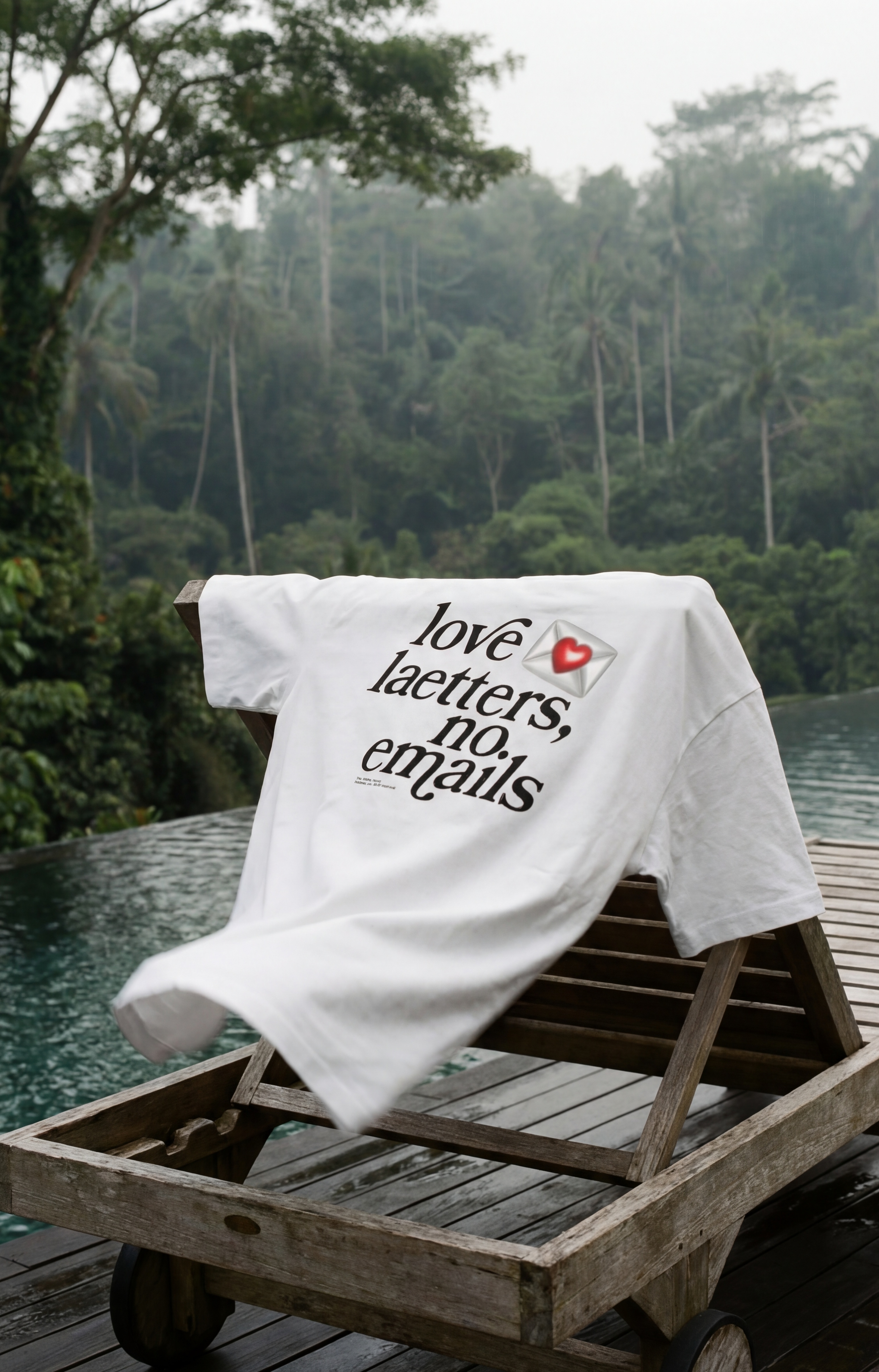 Ein weißes T-Shirt mit dem Text „love letters, no emails“ liegt auf einer Holzliege neben einem Pool vor einem dichten, grünen Wald.