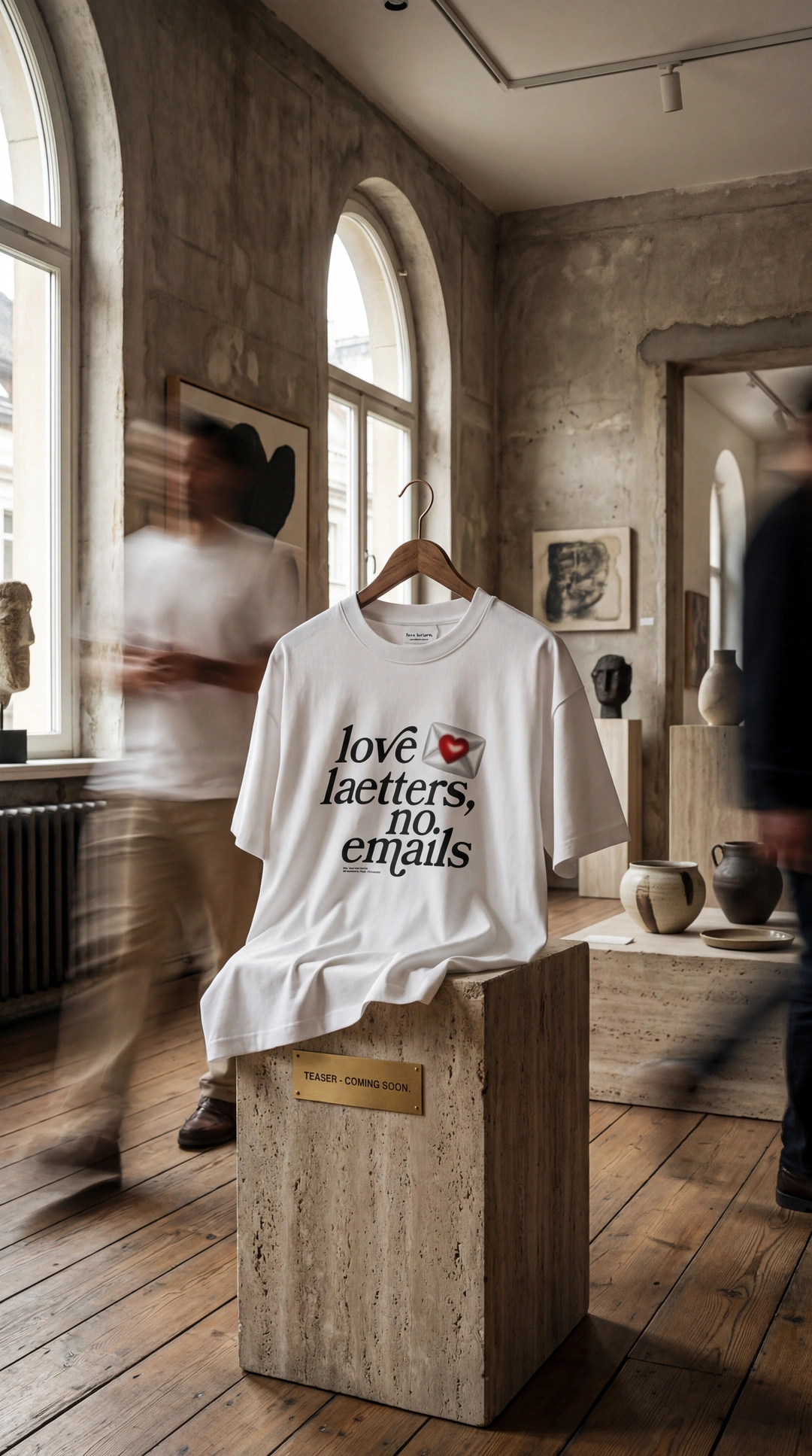 Dunkelblaues Sweatshirt mit der Aufschrift 'LOVE LAETTERS CLIQUE' an einem weißen Kleiderständer in einem modernen Museumsraum mit Betonwänden und großen Fenstern, unscharfe vorbeigehende Personen im Vordergrund.