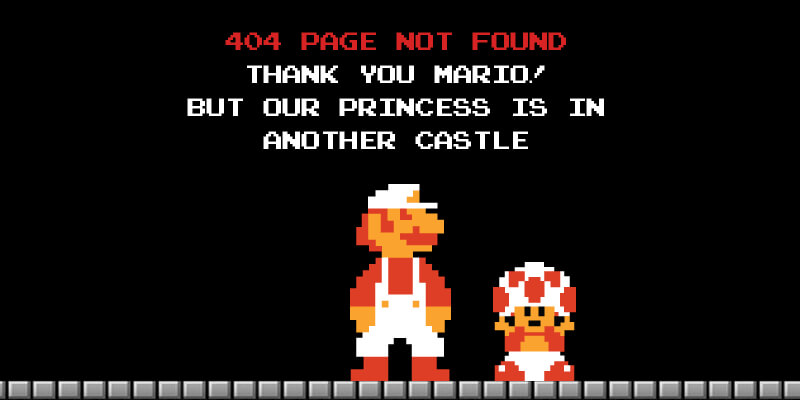 Mario explaining to toad that we have a 404 error as the page we want cannot be displayed