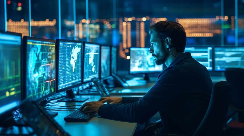 Professionnel en cybersécurité analysant des données sur un écran d'ordinateur avec graphiques et code informatique