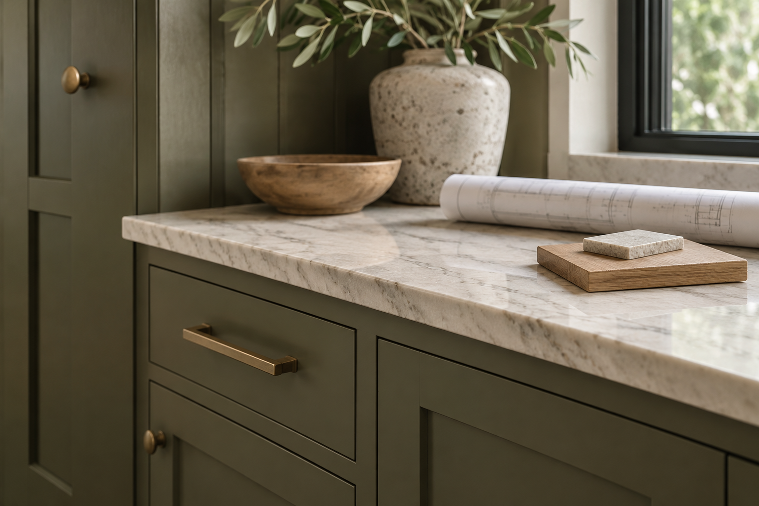 Close-up of green cabinetry with brass handles under a marble countertop, with a rolled architectural blueprint, a speckled ceramic vase holding greenery, a wooden tray, and a small stone sample on the countertop.