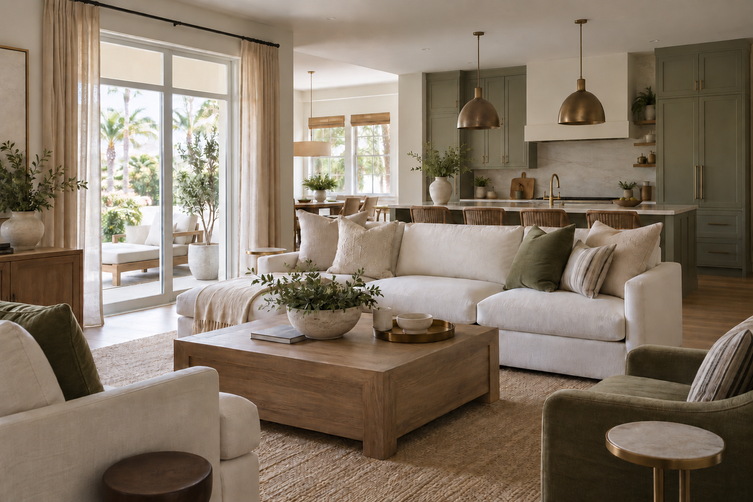 Bright open living room with white sofa, green and beige pillows, wooden coffee table with plant, adjacent to kitchen island with bar stools and brass pendant lights, large glass doors with beige curtains opening to patio with outdoor seating and greenery.