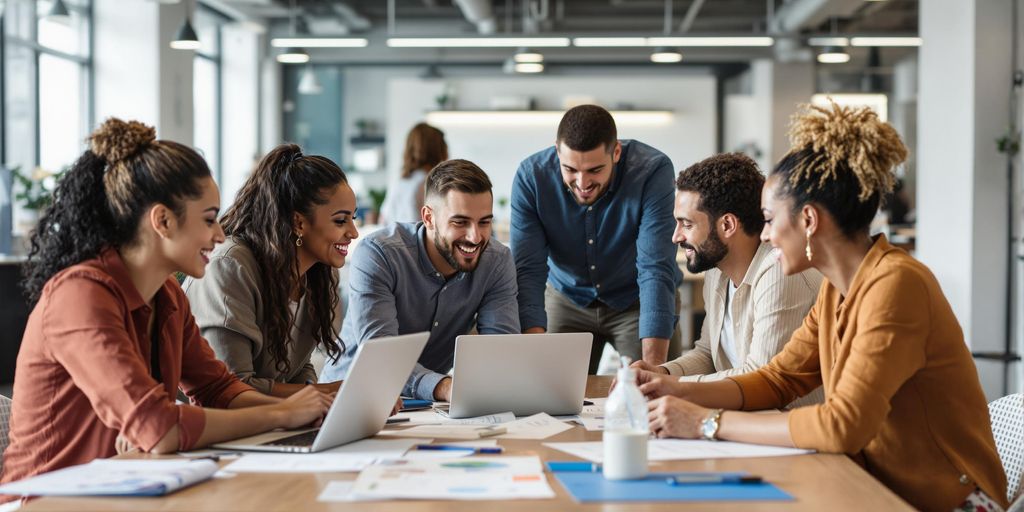Team collaborating on a project in a modern workspace.