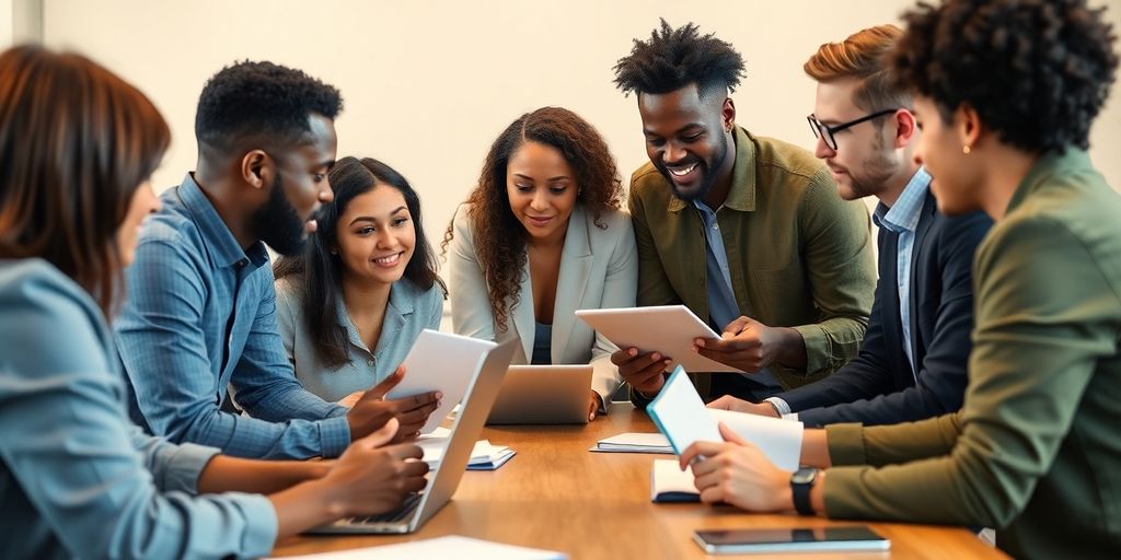 Diverse team collaborating in a bright, modern workspace.