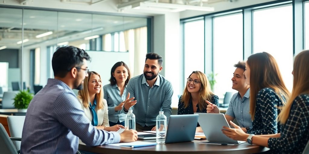 Team collaborating in a modern office setting.