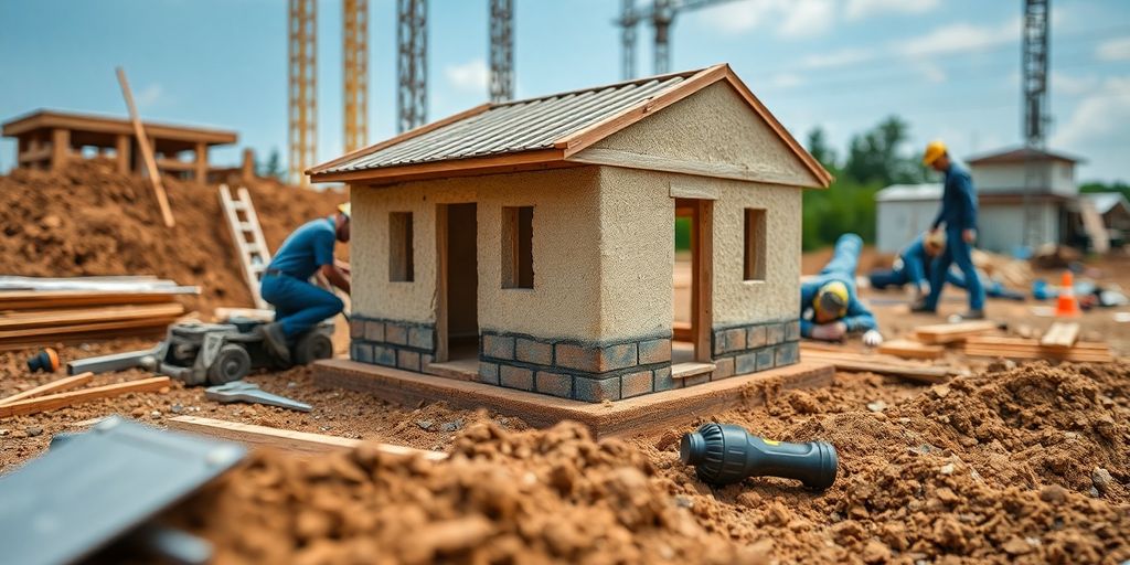 Construction site with builders laying the foundation for growth.
