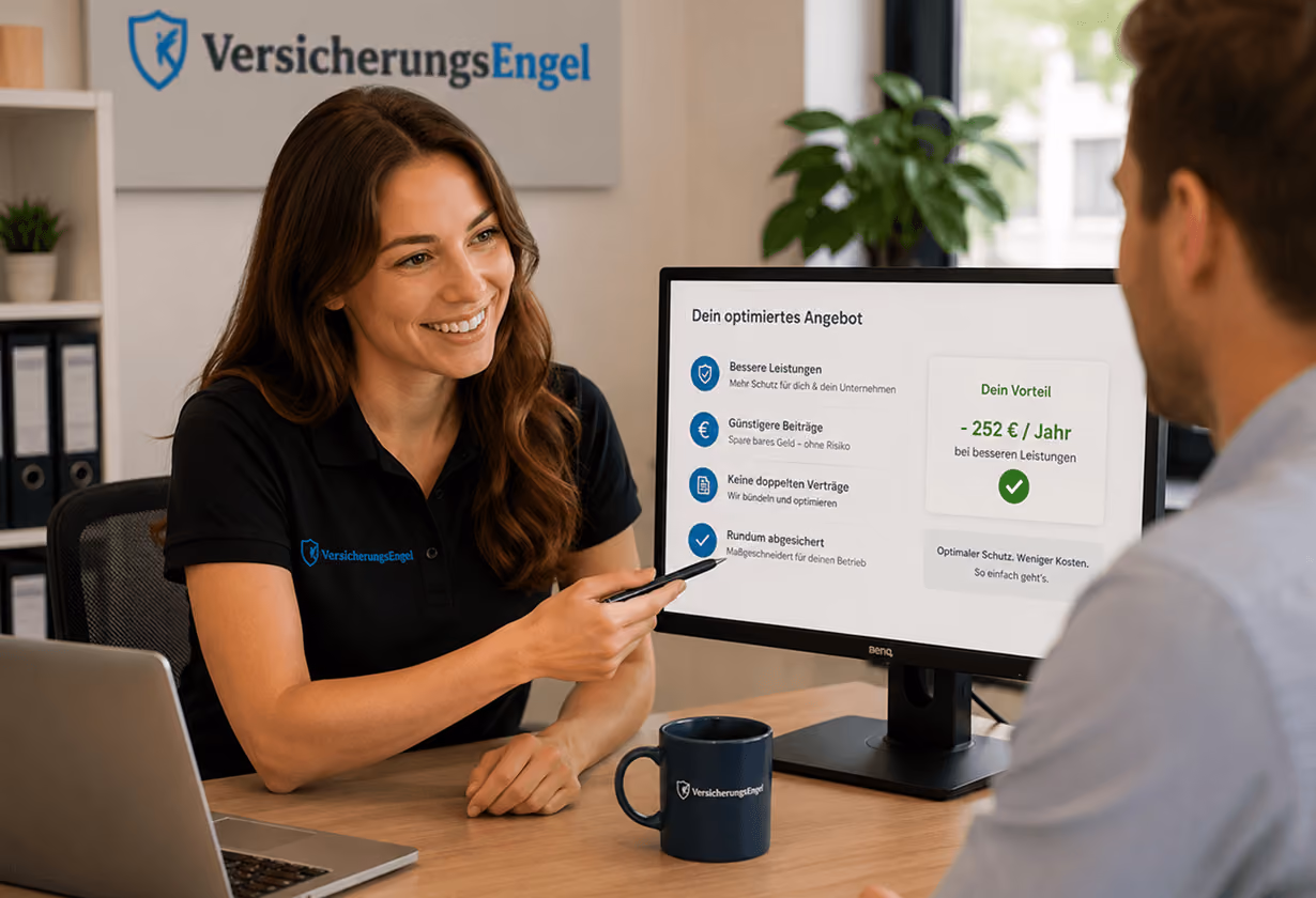 Frau berät Kunden am Schreibtisch mit Computerbildschirm; Versicherungsdetails werden besprochen.