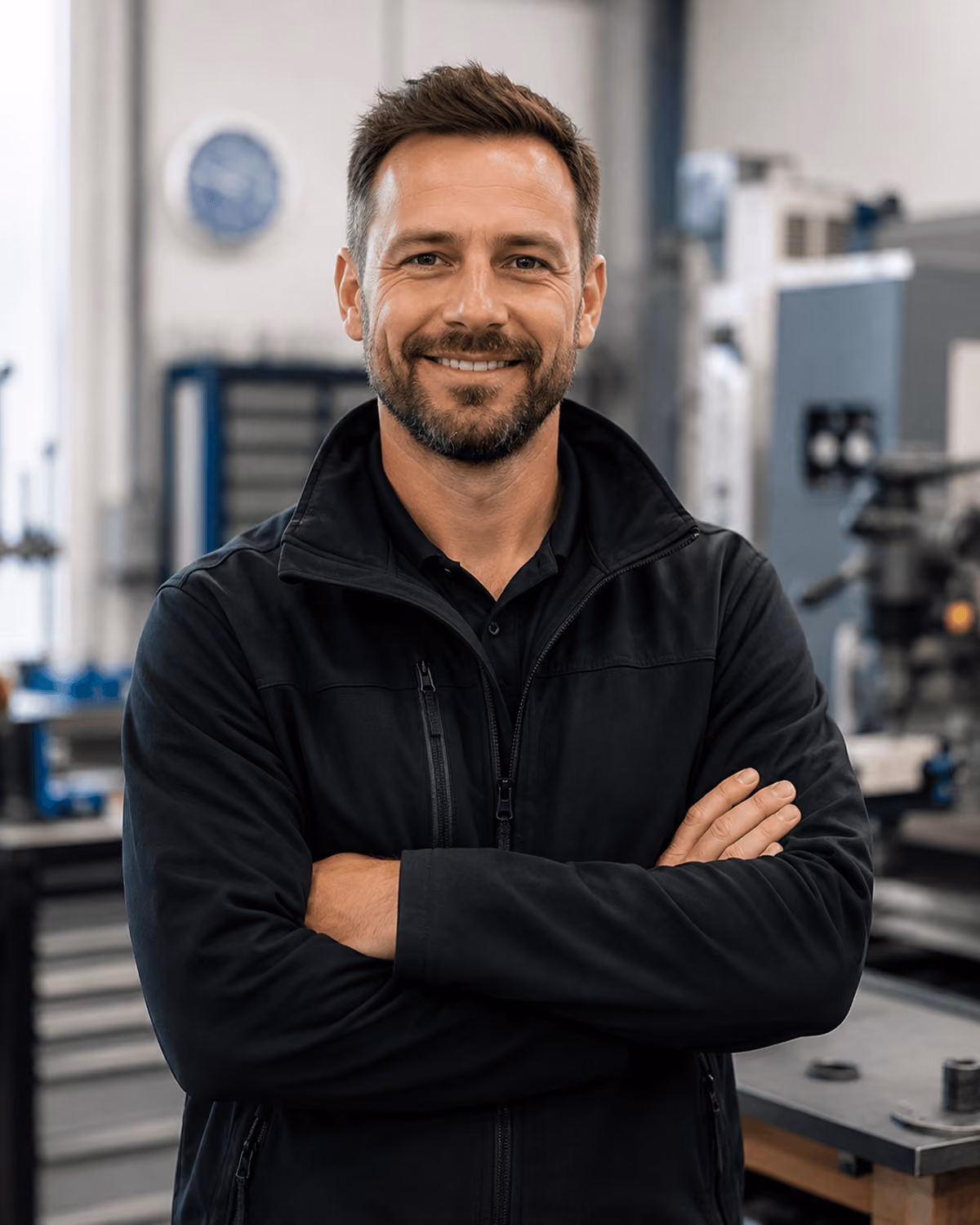 Mann mit Bart und schwarzer Jacke steht selbstbewusst mit verschränkten Armen vor Maschinen in moderner Werkstatt.