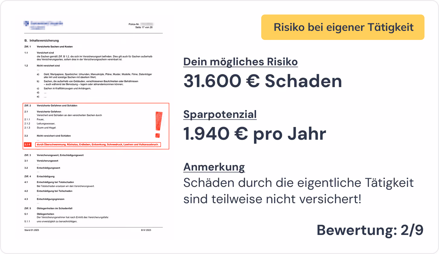 Starkregen-Risiko-Dokument mit Schadenshöhe, Sparpotenzial und Versicherungsbewertung bei Überschwemmung.