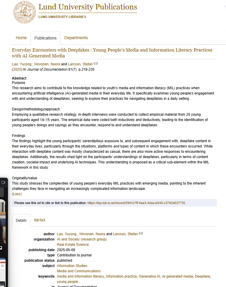 Everyday Encounters with Deepfakes : Young People’s Media and Information Literacy Practices with AI-Generated Media