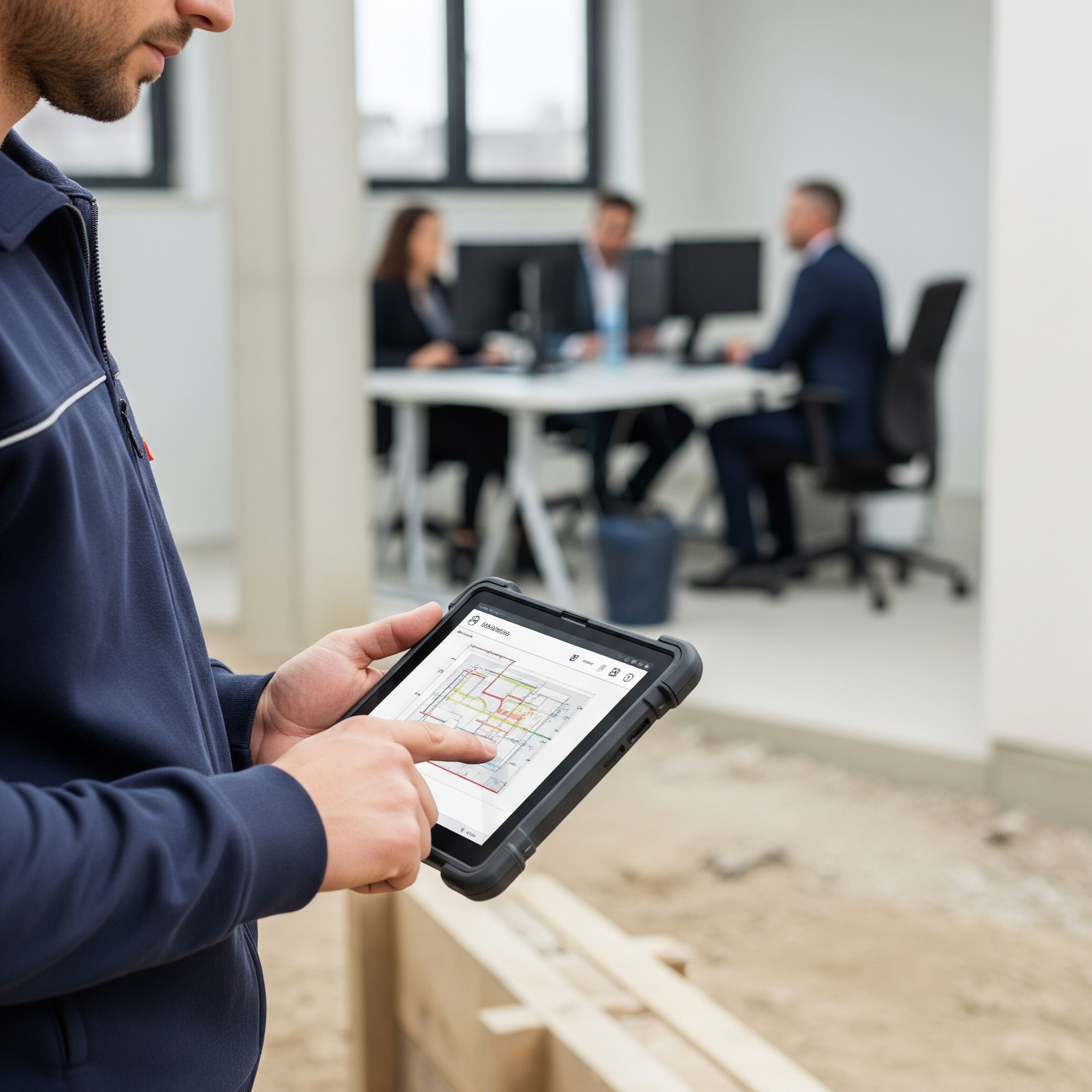 A construction worker in work attire uses a rugged tablet showing digital plans, with an office meeting blurred in the background, symbolizing digital connectivity between site and office.