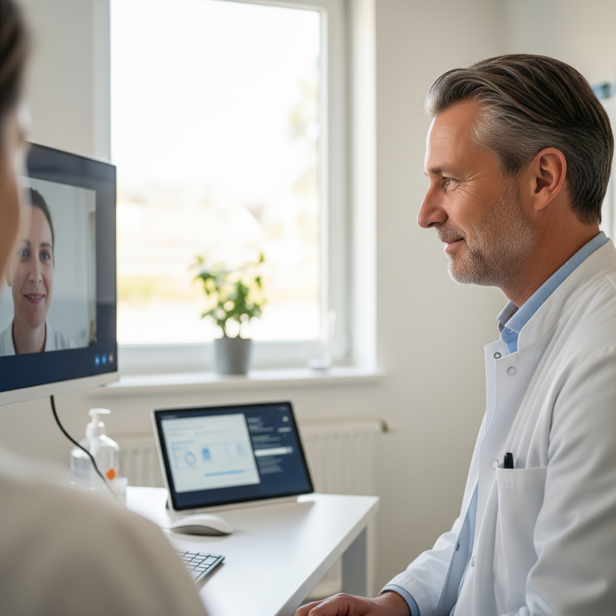 A male doctor in a white coat conducts a video consultation with a female patient on a computer screen, with a tablet displaying digital health data on the desk.