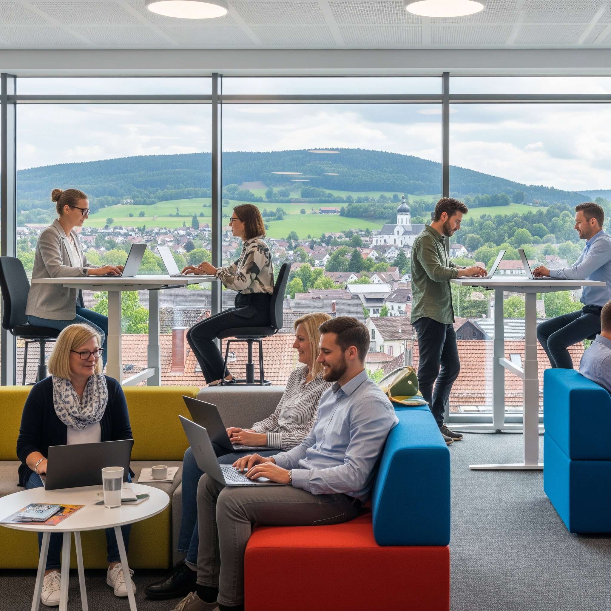 Diverse professionals work on laptops in a modern, open-plan office or co-working space with large windows overlooking a scenic rural landscape of green hills and a village.