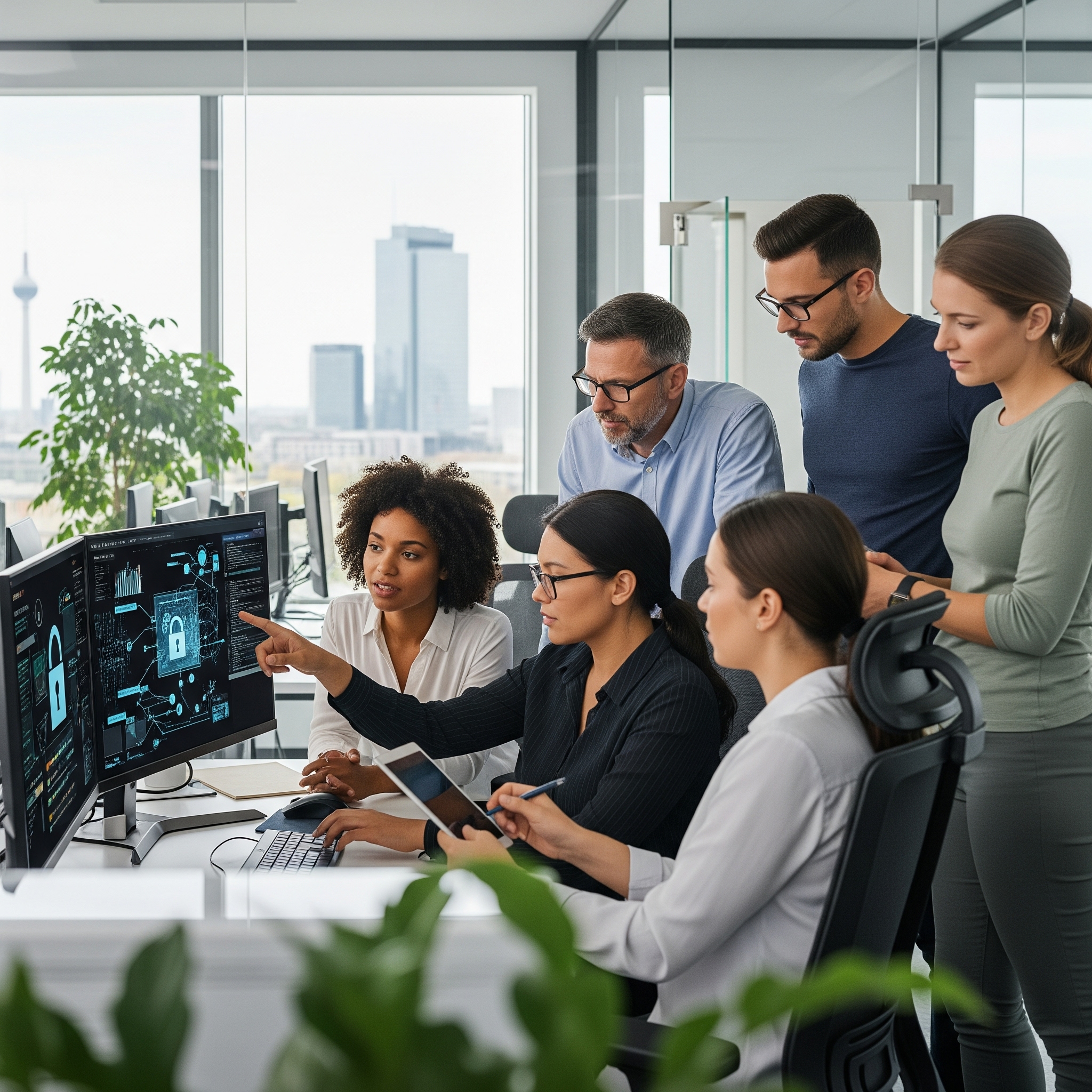 Mehrere Mitarbeiter in einem modernen deutschen Büro diskutieren über die Sicherheit auf einem Computerbildschirm.