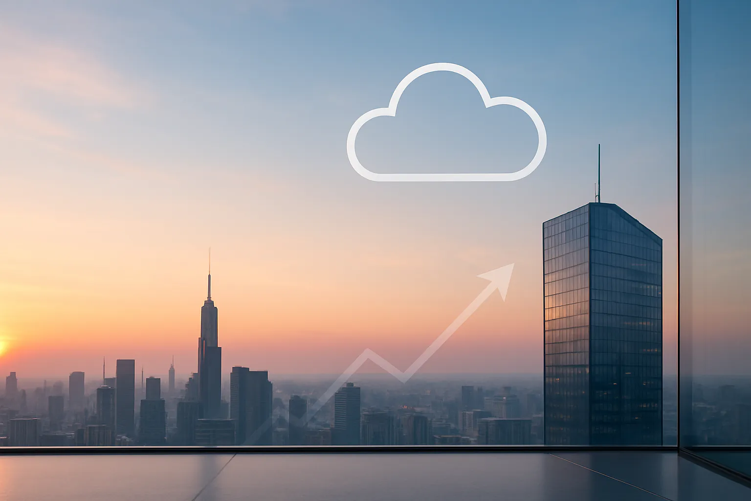 Sunrise city skyline seen through office glass with a subtle cloud and upward arrow, suggesting cloud migration success.