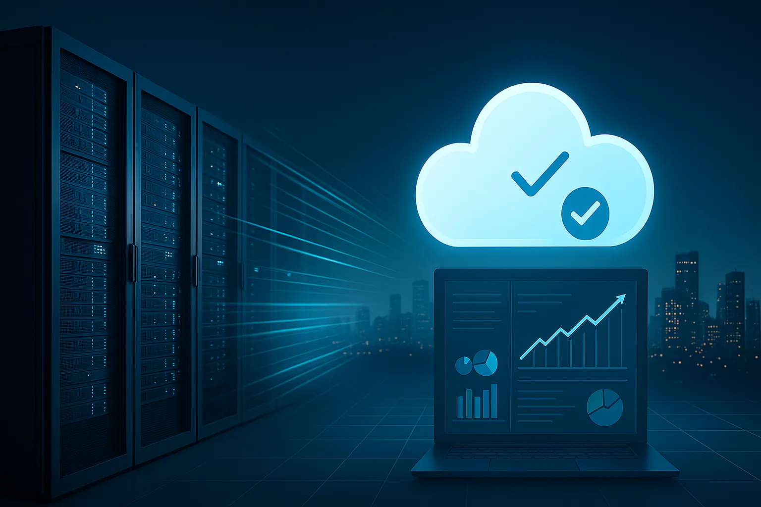 Cloud application migration solution shown as data center servers transferring to a secure cloud above a laptop dashboard with rising charts.