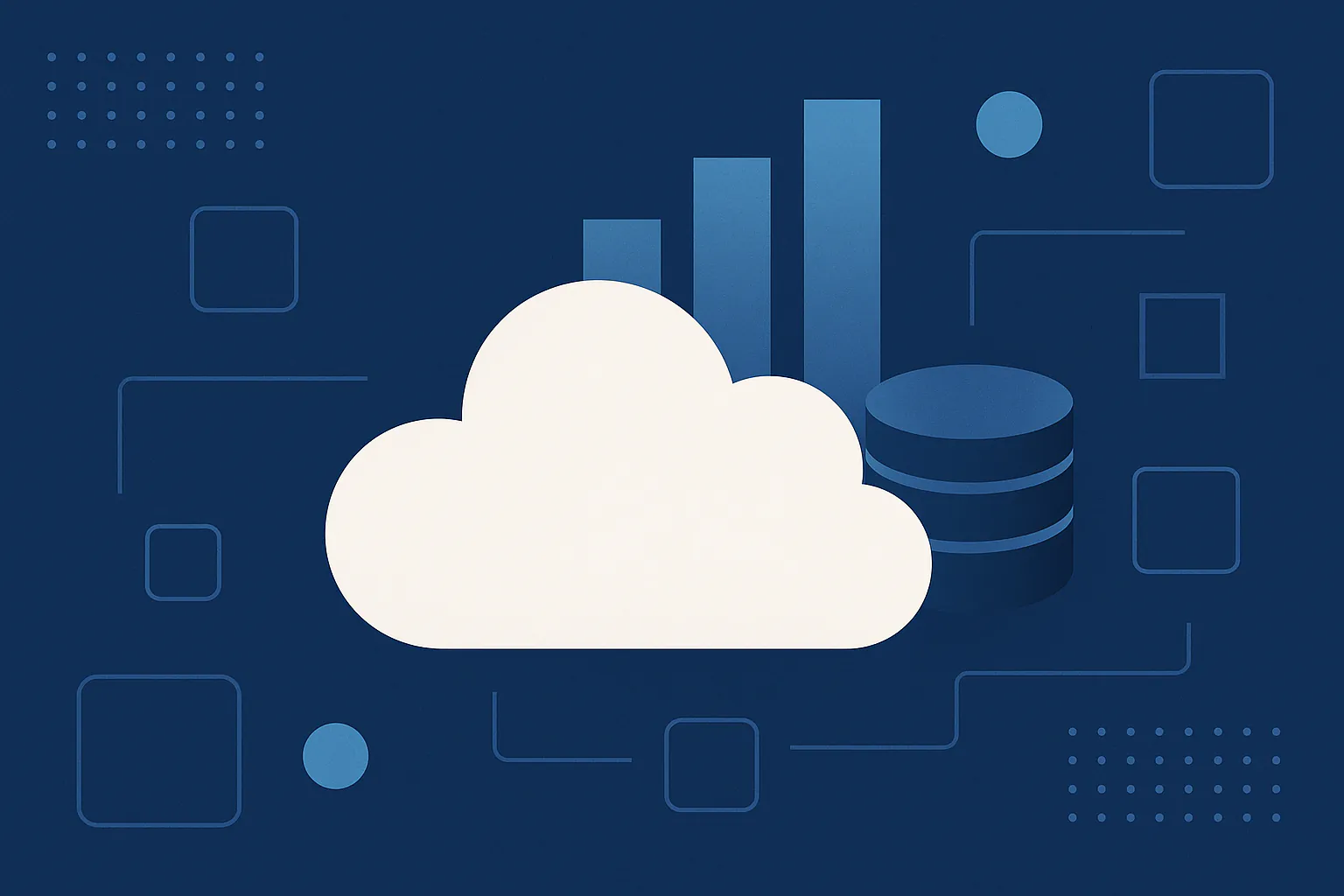 Illustration of a cloud data platform with a large white cloud, database icon, and rising bar chart on a dark blue background.