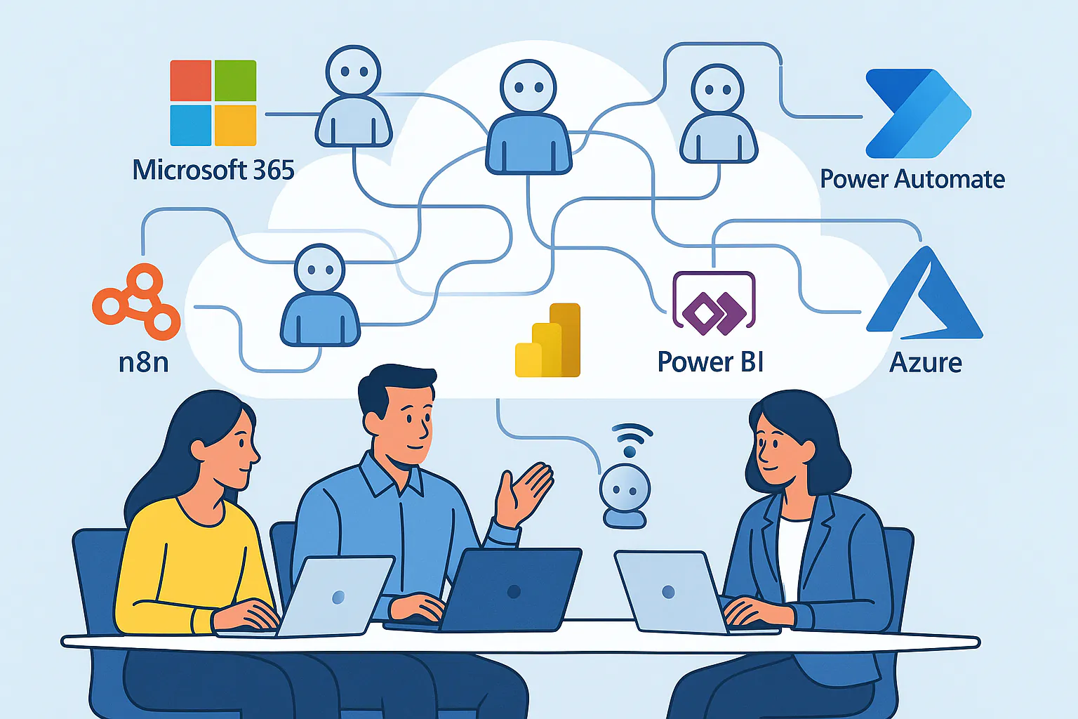Agentic AI illustration showing a business team working at laptops while AI agents connect cloud tools like Microsoft 365, Power Automate, Power Apps, n8n, Power BI, and Azure through automated workflows.