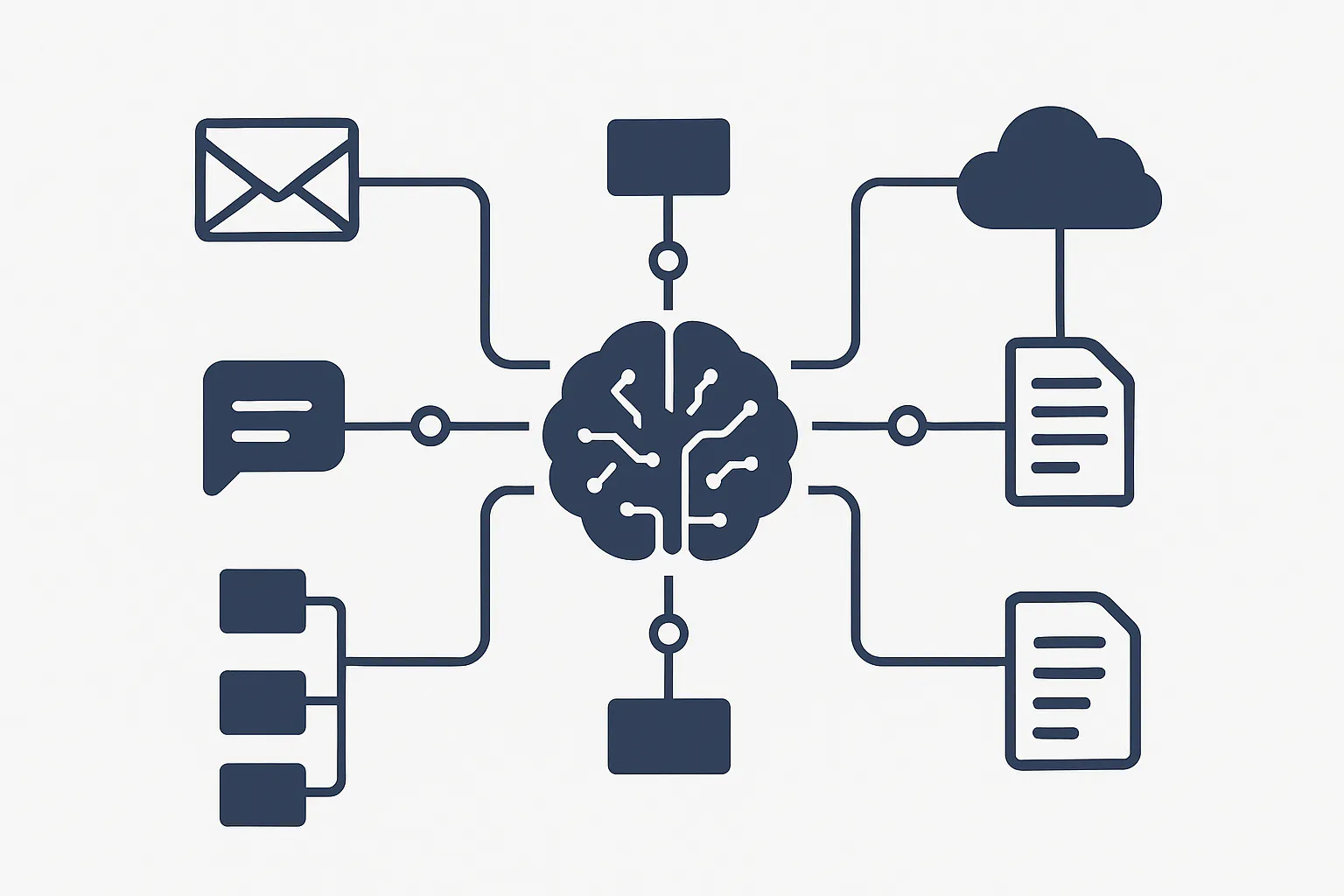 A horizontal illustration showing ai workflow automation tools represented by a central brain icon connected to email, chat, documents, cloud services, and workflow nodes on a light background.