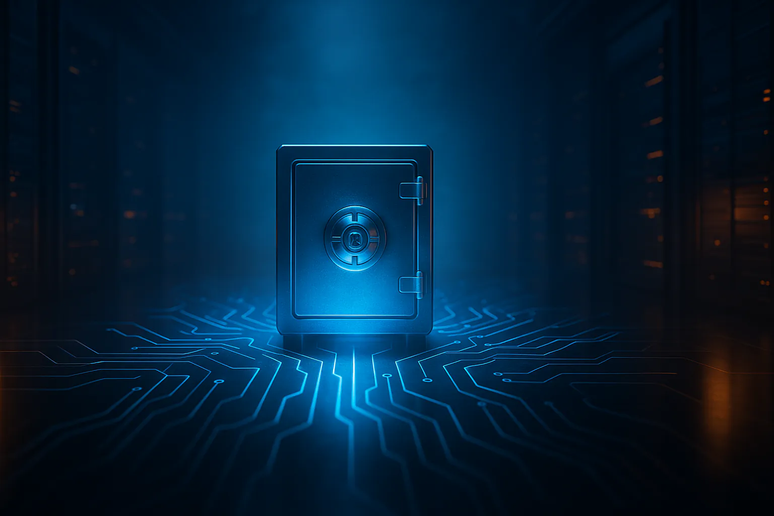 Cinematic image of a glowing secure data vault in a futuristic server room, symbolizing AI data security with protected data flows and controlled Azure-inspired digital pathways.