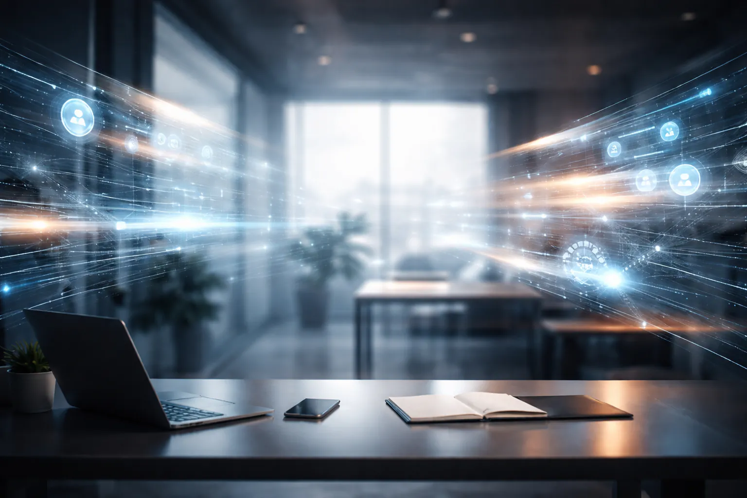 Modern minimalist workspace with a laptop and notebook, symbolizing productivity tools and connected digital workflows in a professional office