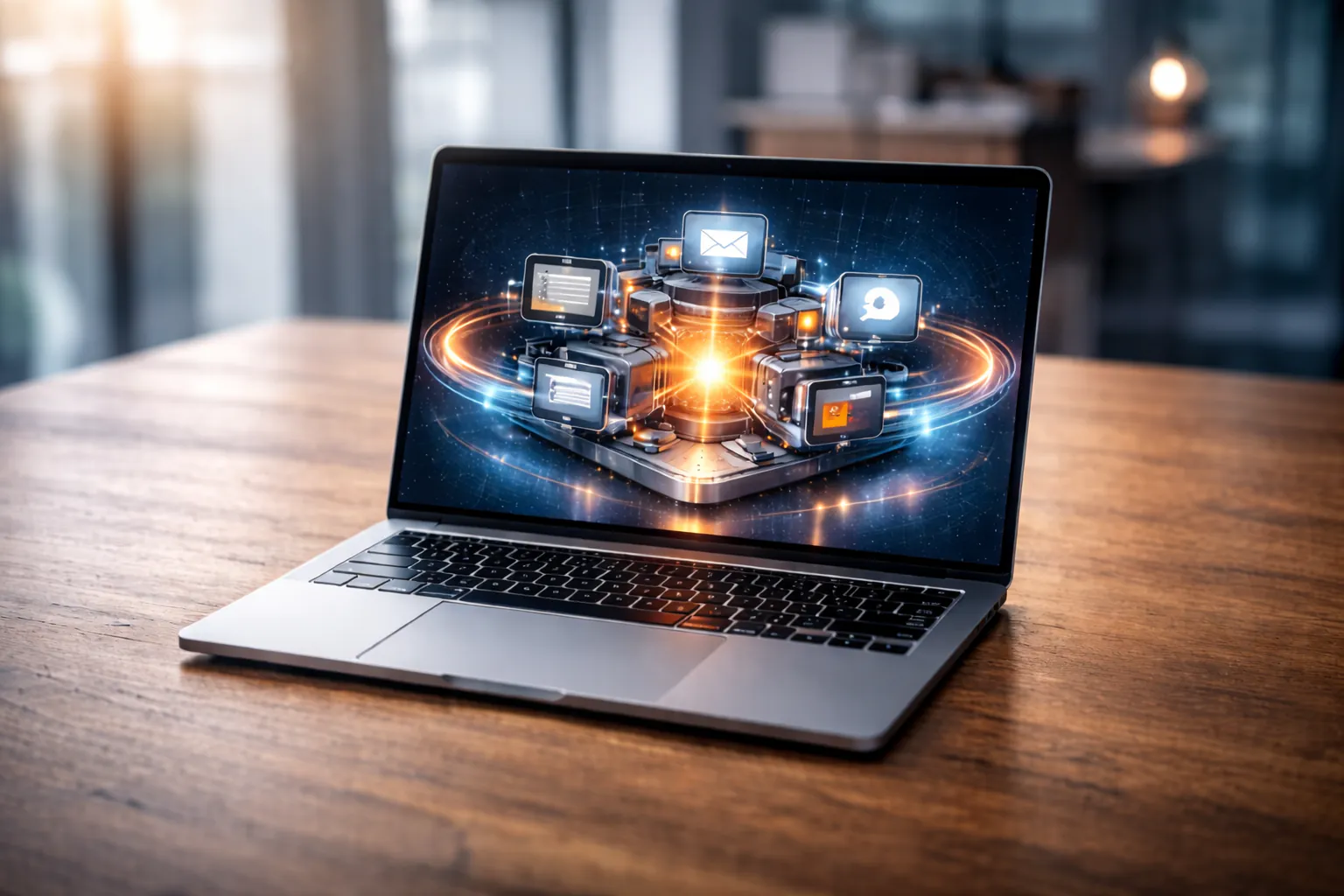 Workflow automation illustrated on a laptop screen, representing connected systems and streamlined business processes.