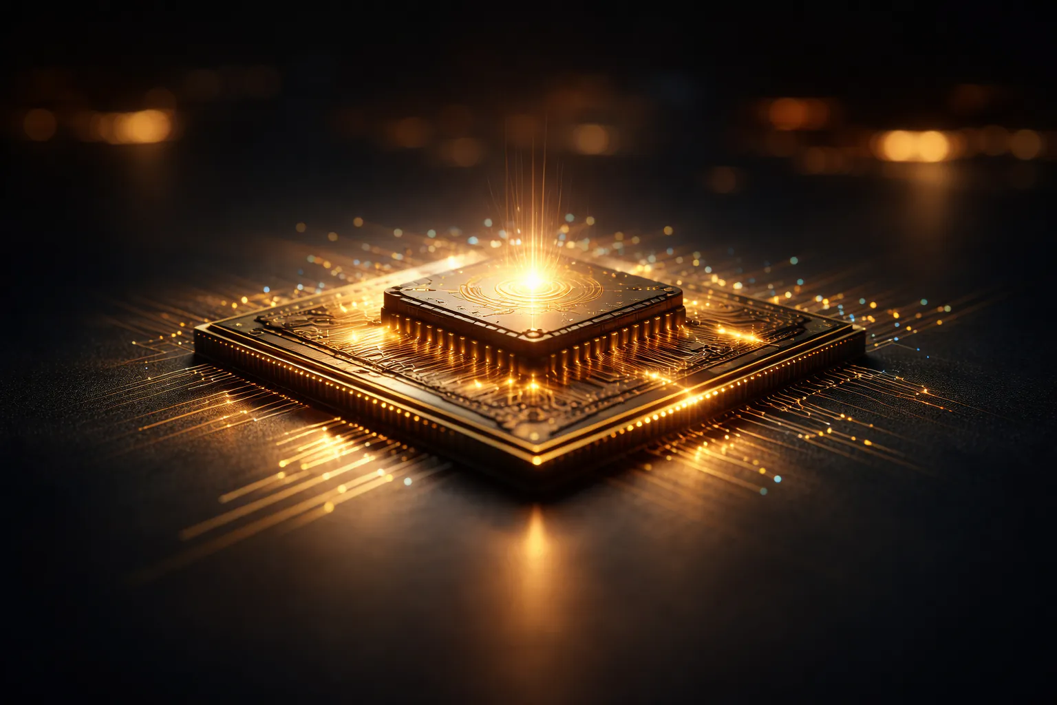 Glowing microchip on a dark surface with warm golden light and bokeh, representing software roi.