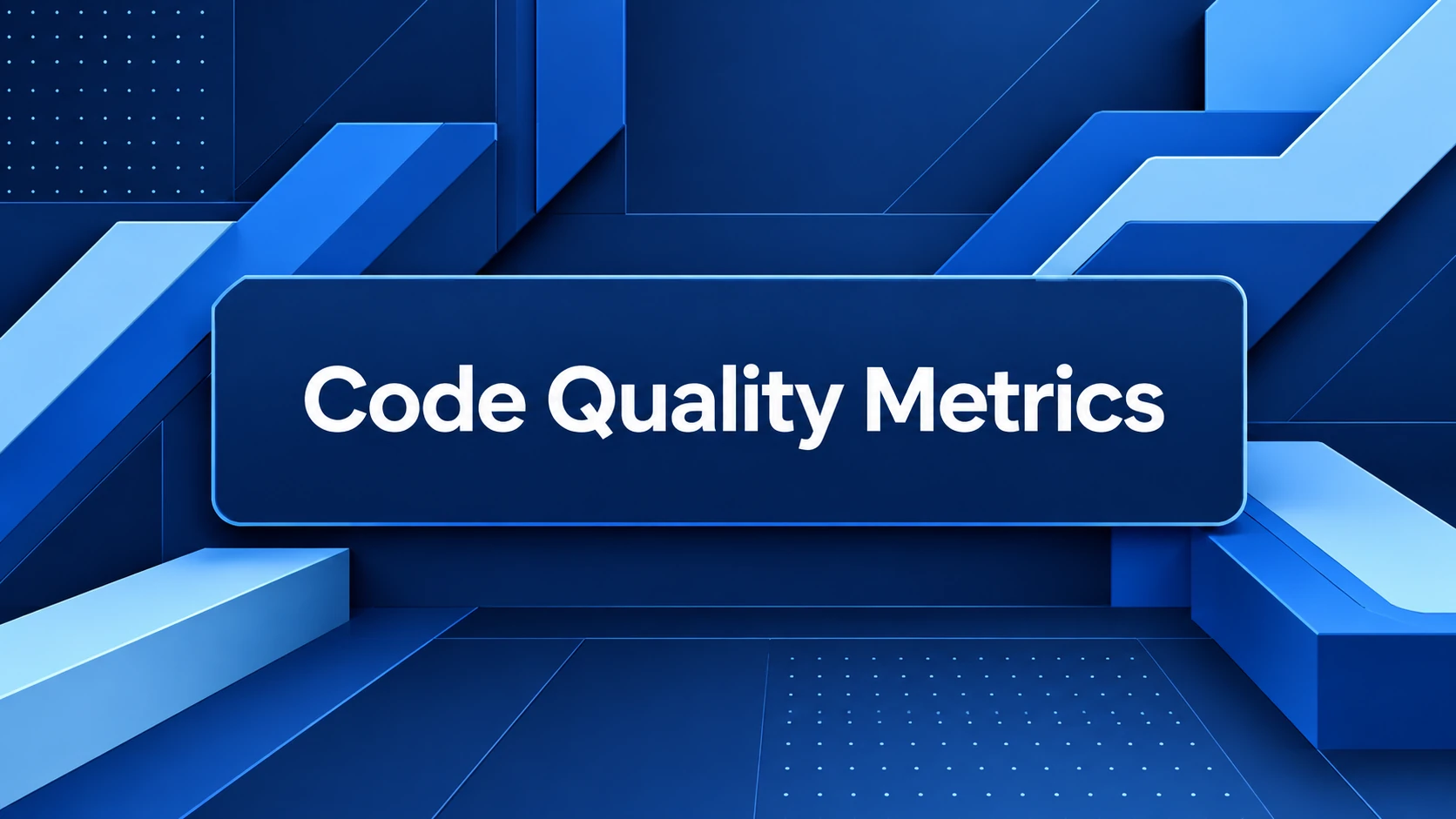 Code Quality Metrics minimal blue geometric blog header design with bold centered typography.