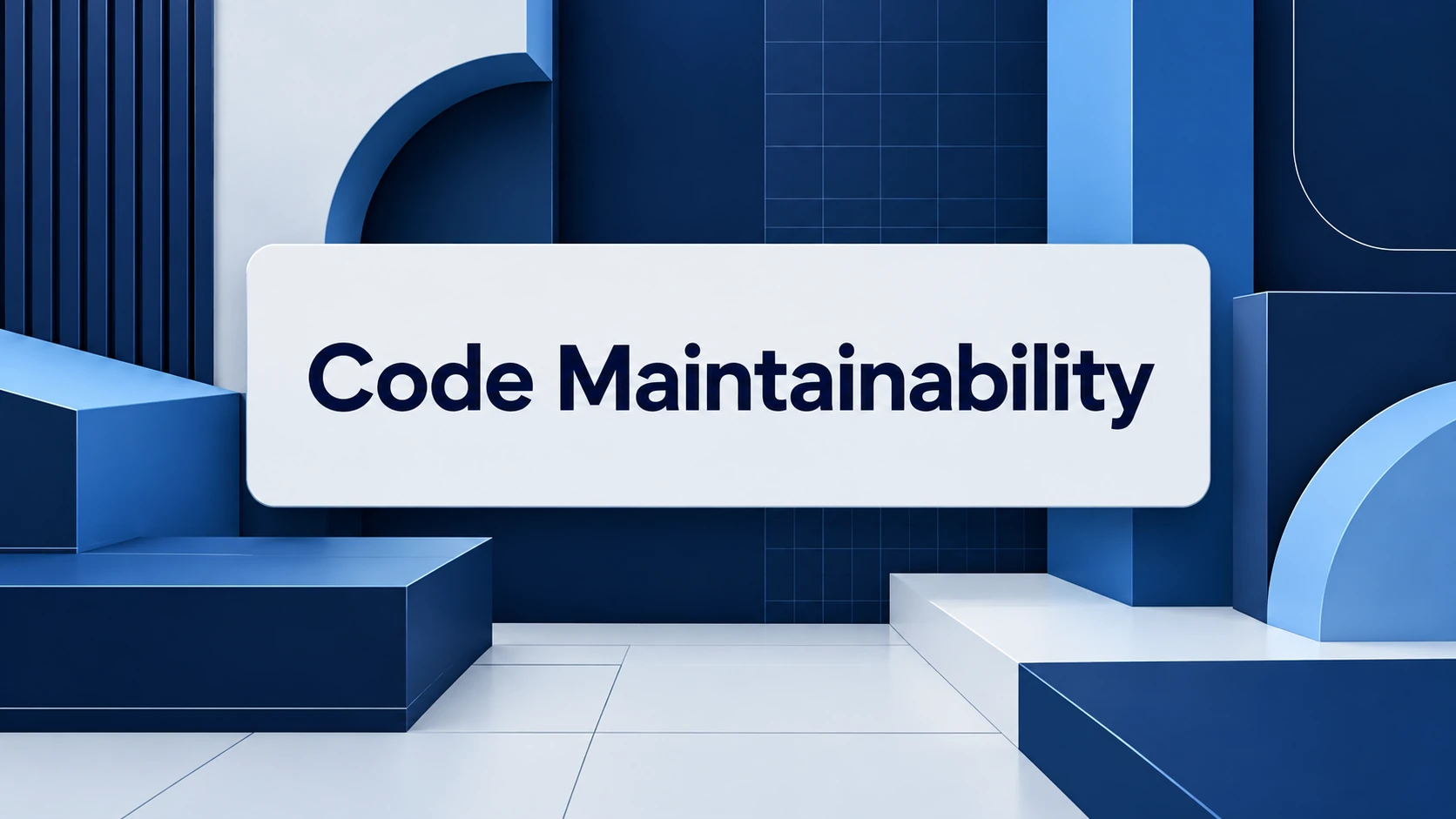 Code Maintainability minimal blue geometric blog header design with bold centered typography and abstract structured patterns.