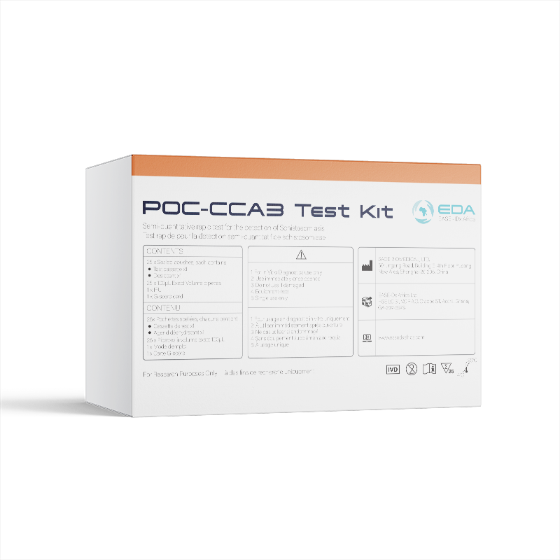 POC-CCA3 test kit box for detecting Schistosomiasis with contents and instructions on the front.