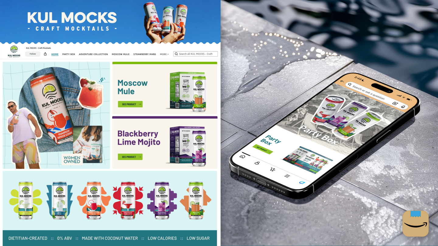 Kul Mocks craft mocktails website homepage and product page shown on a smartphone by a pool.