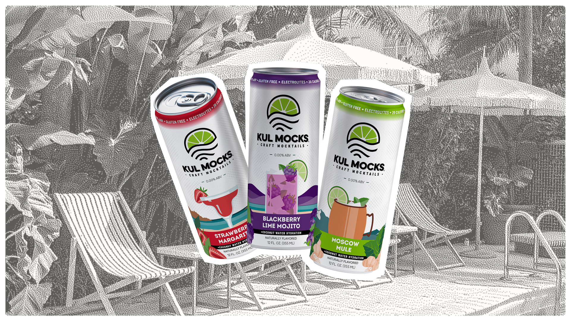 Three Kul Mocks craft mocktail cans: Strawberry Margarita, Blackberry Lime Mojito, and Moscow Mule.
